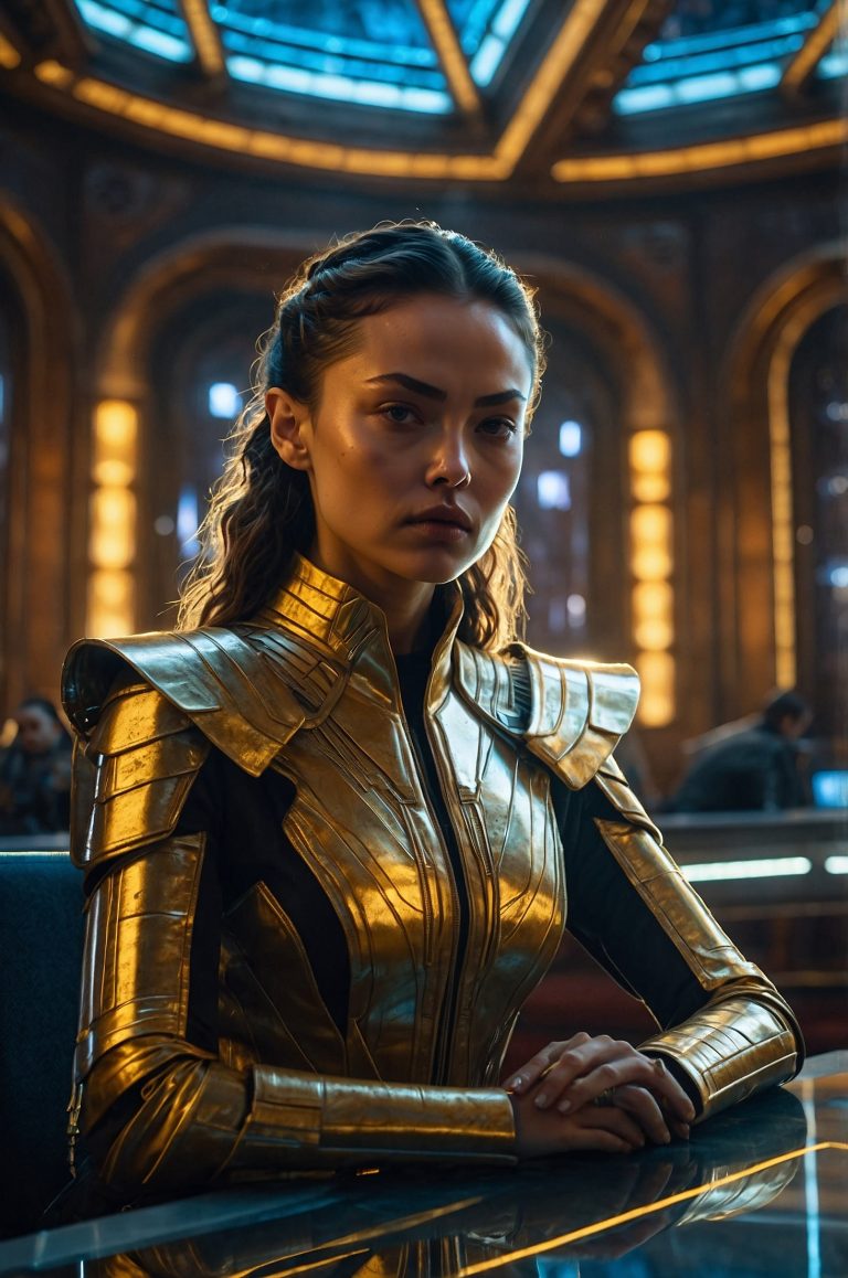 Leonardo_Kino_XL_She_sits_at_a_large_powerful_desk_in_a_majest_0